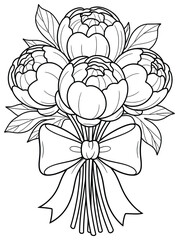 Peony bouquet vector illustration with blooming flowers tied together with a decorative ribbon and leaves, perfect for romantic occasions, weddings, celebrations, invitations and creative design