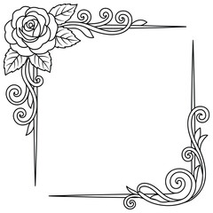 Rose vector illustration of a decorative square frame with blooming flower, swirling vines, and leaves arranged in an elegant botanical border in a clean outlined black and white drawing © Crafter