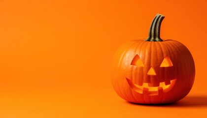 Halloween pumpkin on orange background with space for text.