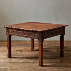 Handcrafted Wooden Table with Intricate Carvings in Rustic Setting