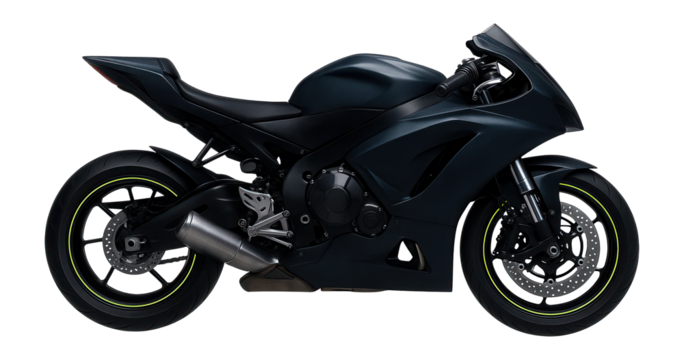 High-performance sportbike with inverted front forks and clip-on handlebars