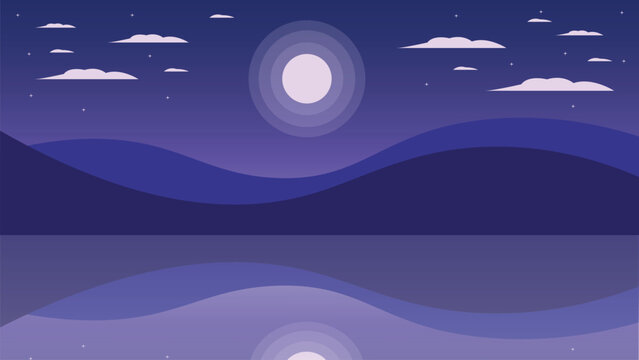 Landscape night sky with a star and reflect the beutiful reflect water mirroring the moon and the mountain drawing in cute flat concept drawing templete illustration for background theme in vector .