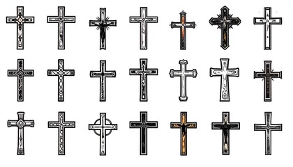 Various Christian crosses in different styles and designs.  A collection of cross shapes