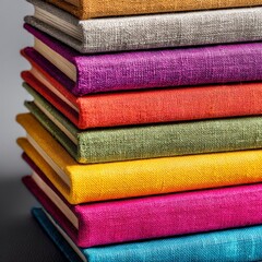Stack of colorful notebooks with textured covers on a grey background  