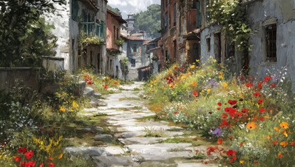 A sun-drenched Italian alleyway, vibrant with wildflowers