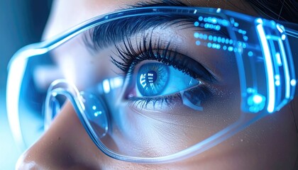 Close up of a woman's face, focusing on her eye reflected in translucent, futuristic glasses displaying digital information