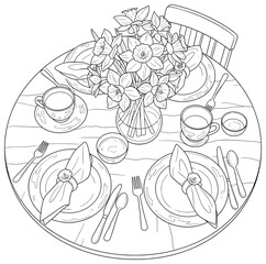Table setting vector illustration showing a round dining table with plates cups and cutlery decorated with a vase of blooming daffodils designed as elegant floral artwork