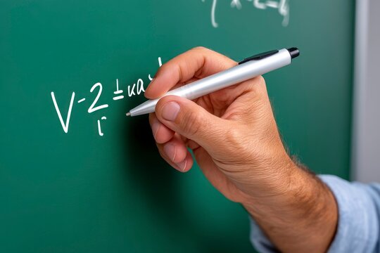 Teacher writing math equations on green chalkboard in classroom  
