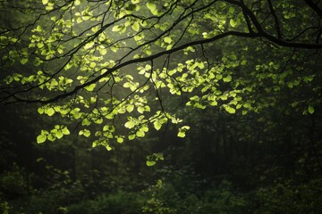 Obraz premium Sunlight filters through fresh spring foliage, illuminating delicate new leaves amidst a dark woodland.