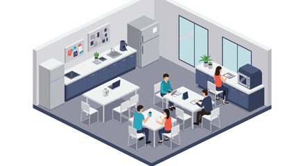 Modern isometric office breakroom with colleagues engaged in work activities