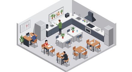 Obraz premium Modern office breakroom with kitchen facilities in isometric design