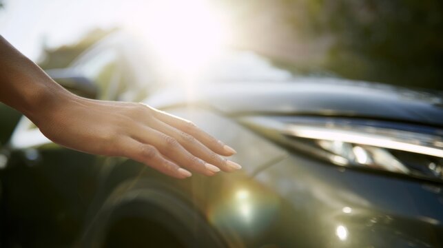 Sunlit hand caresses car surface, evoking freedom of road trips, Earth Day mindfulness, serene escape from urban hustle
