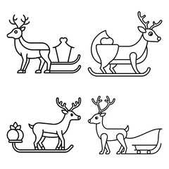 reindeer sleigh vector line art icon set