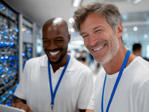 It engineers smiling and working together in data center control room