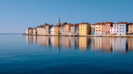 Obraz premium Enchanting pastel-hued harborside at dawn, tranquil Adriatic whispers, quaint European charm reflecting serenity, akin to Rovinj pilgrimage