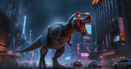 Entering mechanical T-Rex stomping neon avenue at night, scattering pedestrians, halting cars - Powered by Adobe
