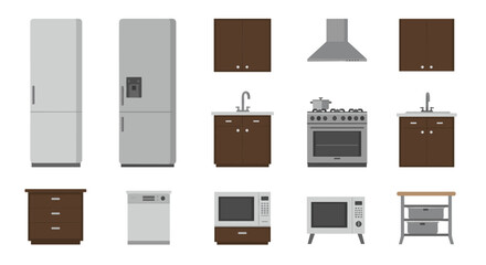 Modern kitchen appliance and furniture set in minimalist flat design