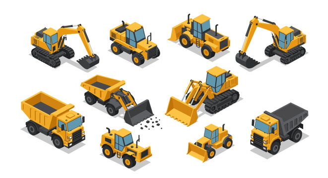 Isometric construction vehicles collection featuring excavators and dump trucks
