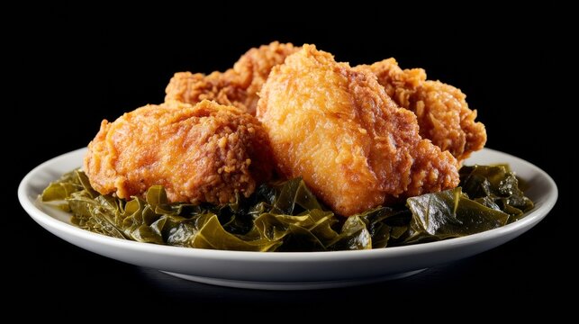 Crispy golden fried chicken nestled on tender collard greens, evoking Southern charm and Juneteenth celebrations of soulful flavors