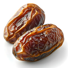 High resolution high clarity image of A detailed, close up image of two Nabtat Ali dates on a pure white background. The dates are large, dark brown, soft, with deep, wide wrinkles. One overlaps the o