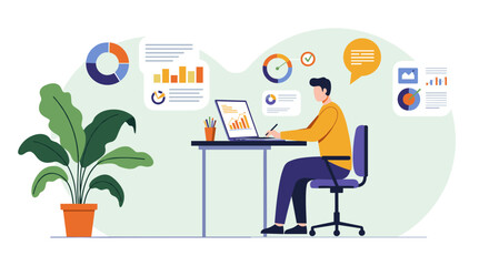 Business data analysis concept with charts and graphs in flat style