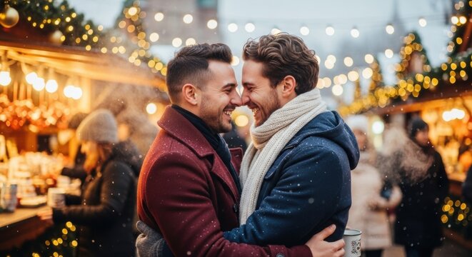 A handsome and happy gay male couple lovingly embrace and touch noses sharing a romantic moment at a festive European Christmas market at night surrounded by beautiful lights


