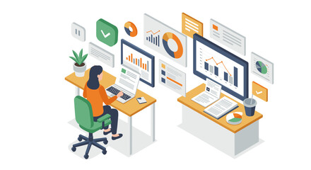 Obraz premium Isometric workspace illustration with businesswoman analyzing data on dual monitors
