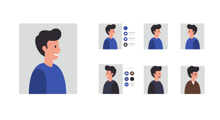 Diverse male avatar set in flat style with customizable features and colors