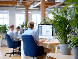 Programmers working in modern green office with plants