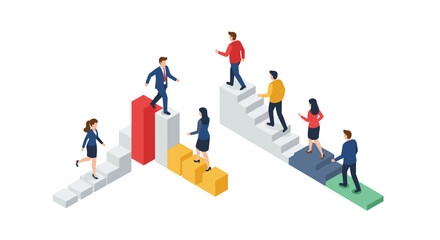 Business growth and teamwork concept with people climbing stairs in isometric style