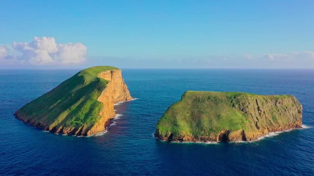 Aerial view of two verdant islets stand majestically amid the deep blue sea, a serene contrast of green and blue, Aerial view of Ilheus das Cabras, Terceira Island, Azores, Portugal.