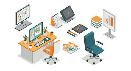 Modern isometric office workspace with desktop computer and design tools