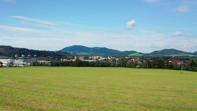 Fast reveal drone shot czech small city with beskydy mountains