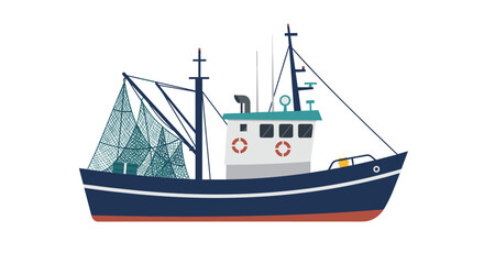 Obraz premium Colorful flat fishing boat with nets and lifebuoys