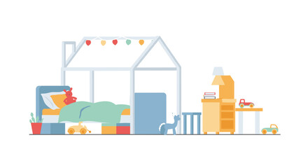 Cozy kids room with playful toys and bed in minimalist design