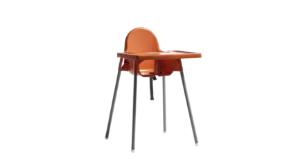 Orange highchair stands alone. Childhood furniture, parenting, baby, safety and security.