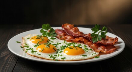 Classic breakfast with fried eggs and bacon served on a white plate with fresh herbs