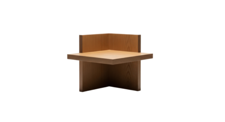 Modern wooden corner chair stands alone in spotlight. Contemporary design, minimalist furniture, interior decoration, stylish seating, architectural aesthetic.