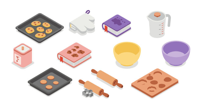 Isometric baking tools and ingredients collection for cooking enthusiasts