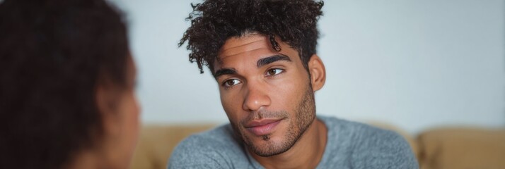 Curly-haired Afro-Caribbean man ponders deeply on Love Your Pet Day, blending soulful contemplation with warm domesticity