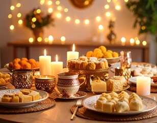 Fototapeta premium Aesthetic ultra realistic dining table setup with festive crockery, candles, fairy