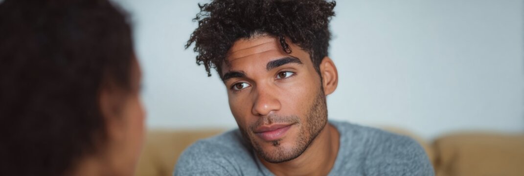 Curly-haired Afro-Caribbean man ponders deeply on Love Your Pet Day, blending soulful contemplation with warm domesticity