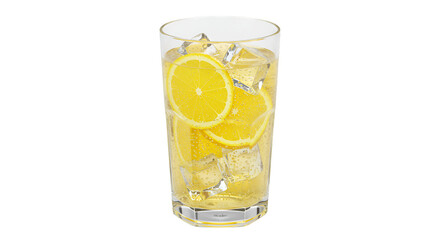 Refreshing lemon drink with ice cubes and lemon slices in a tall glass, perfect for summer, parties, or a thirst-quenching moment, a vibrant and appealing refreshment.