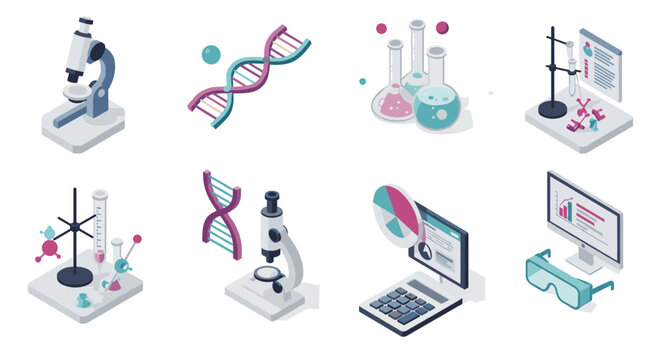 Scientific research isometric icons set with laboratory equipment and dna graphics