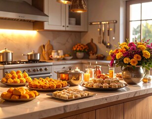 Aesthetic ultra realistic kitchen decorated for Diwali with fresh flowers, sweets