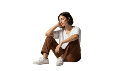 Woman sits pensively with head in hand. Thoughtful pose, introspection, emotional expression, solitude, mental state