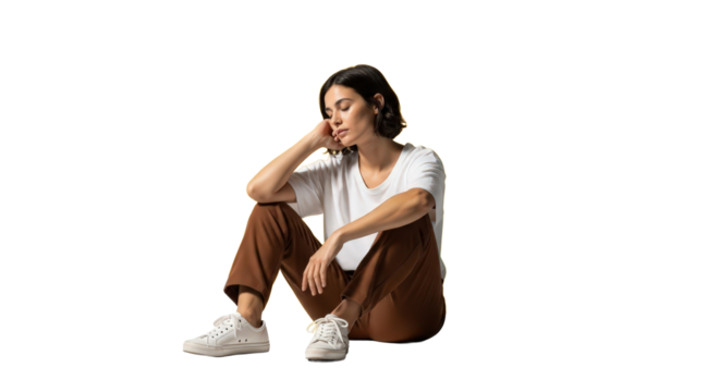 Woman sits pensively with head in hand. Thoughtful pose, introspection, emotional expression, solitude, mental state