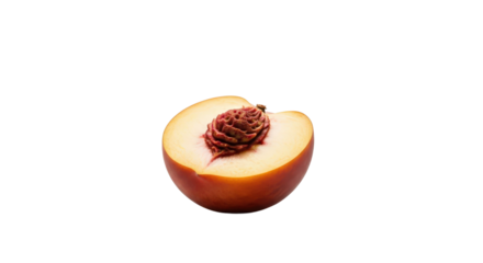 Cross section of peach showcases inner pit. Fresh fruit, summer food, healthy eating, vegetarian diet, food photography
