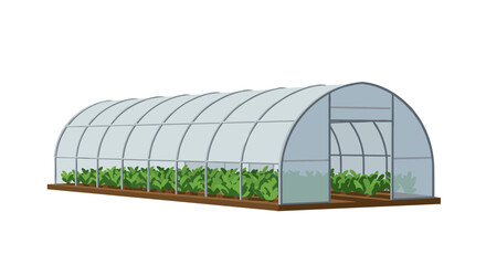 Modern greenhouse structure with lush green plants and transparent panels