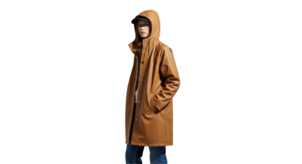 Woman poses wearing raincoat outdoors with hood up. Fashion model, outerwear, weather protection, casual style, outdoor lifestyle.